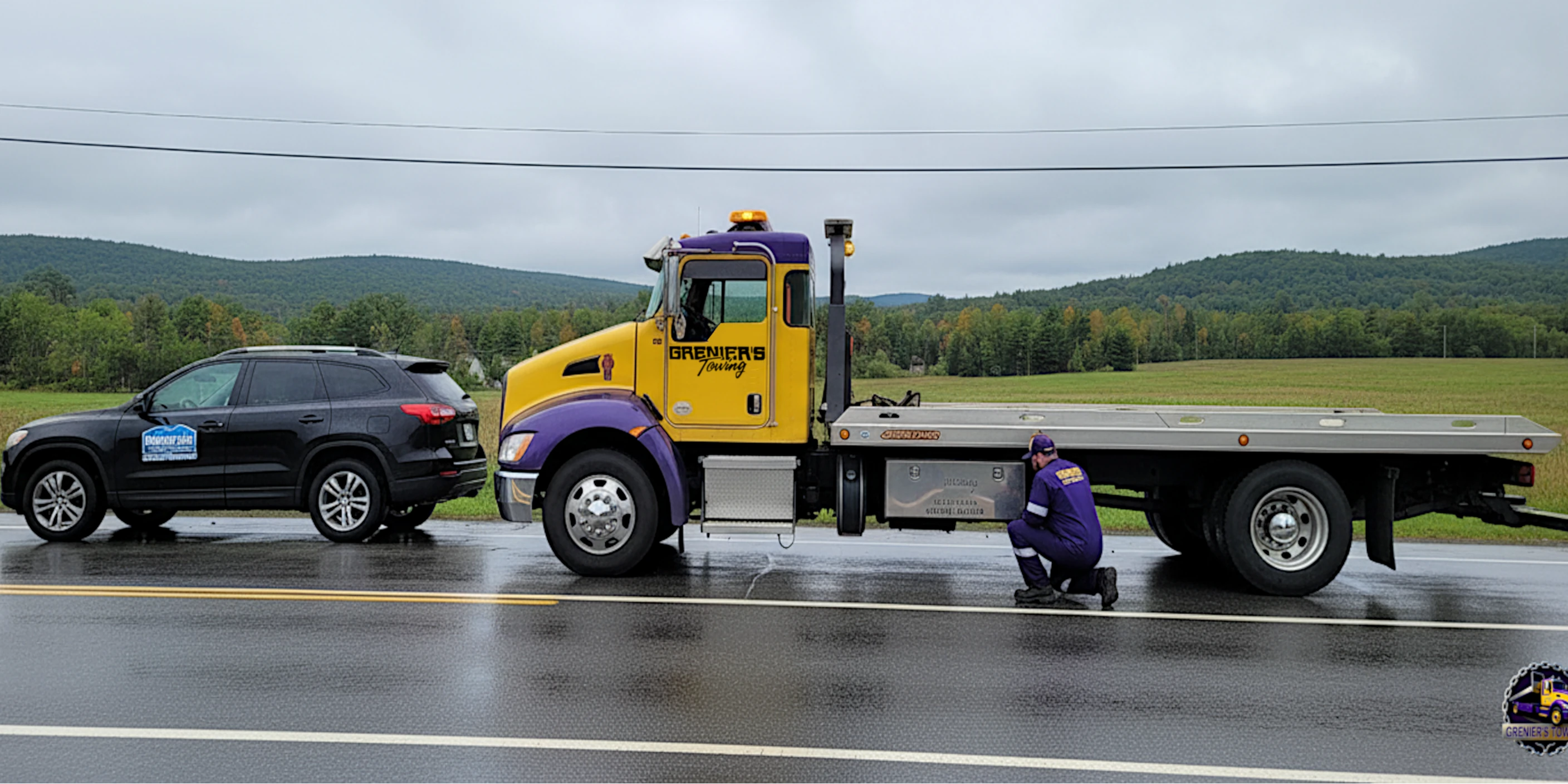 Grenier's tow operator on a service call in Vermont